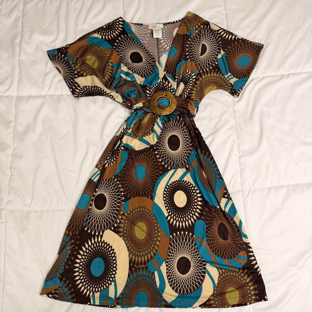 Oatt USA Vintage Wrap Dress Womens Small Brown Teal Sunburst Print Tie Belt